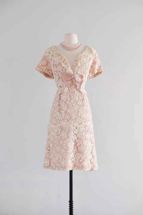 Elegant 1960's I.Magnin Ivory and Blush Alençon Lace Cocktail Dress / Sz XL