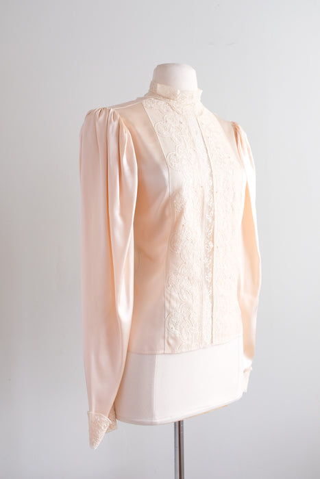 Romantic 1970's Blushing Silk Satin & Ivory Lace Top / Sz M