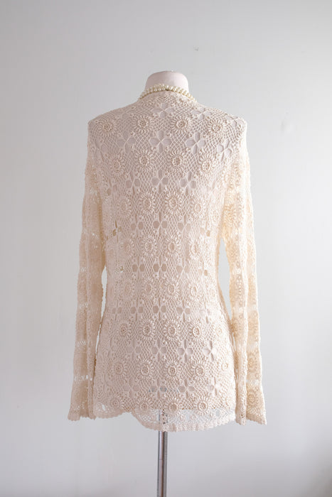 Delicate 1970's Silky Crochet Knit Ivory Cardigan / Sz M