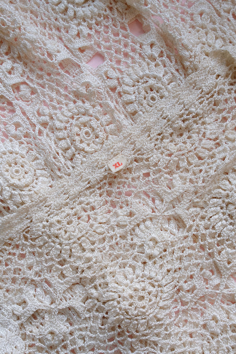 Delicate 1970's Silky Crochet Knit Ivory Cardigan / Sz M