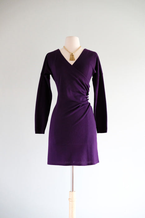 Vintage 1980's Plum Wool Jersey Wrap Style Mini Dress By Betsey Johnson / M