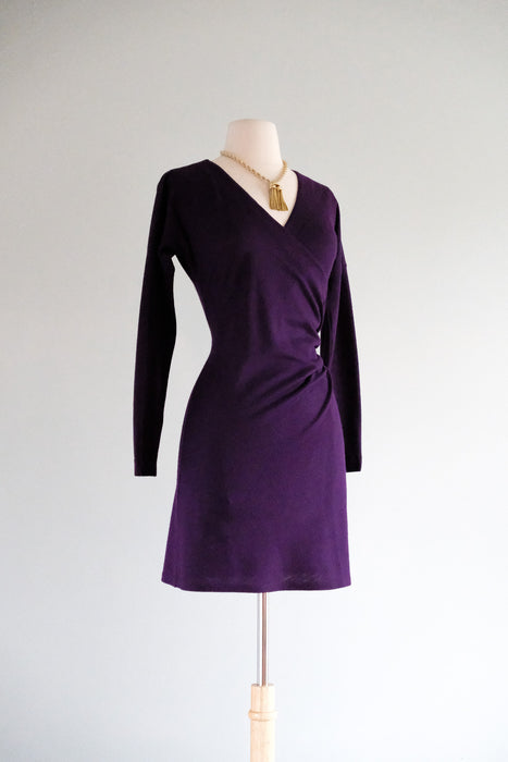 Vintage 1980's Plum Wool Jersey Wrap Style Mini Dress By Betsey Johnson / M