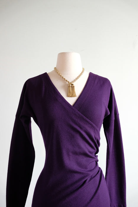 Vintage 1980's Plum Wool Jersey Wrap Style Mini Dress By Betsey Johnson / M