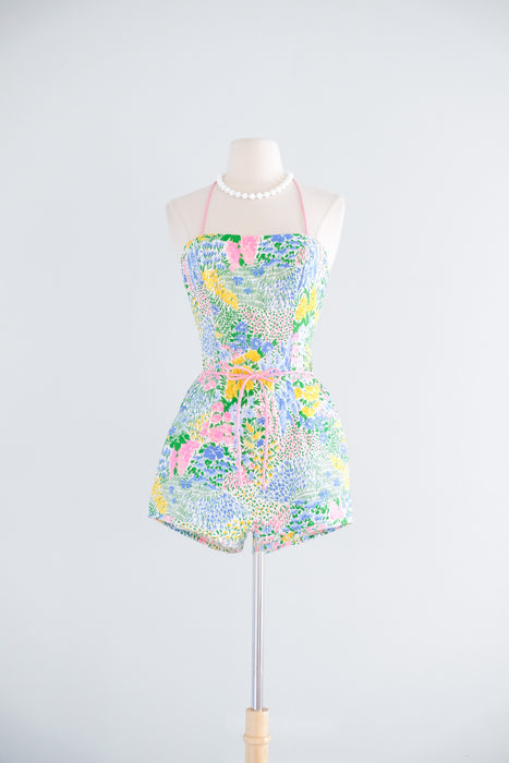 Vintage 1970's Impressionist Flower Garden Cotton Playsuit / S