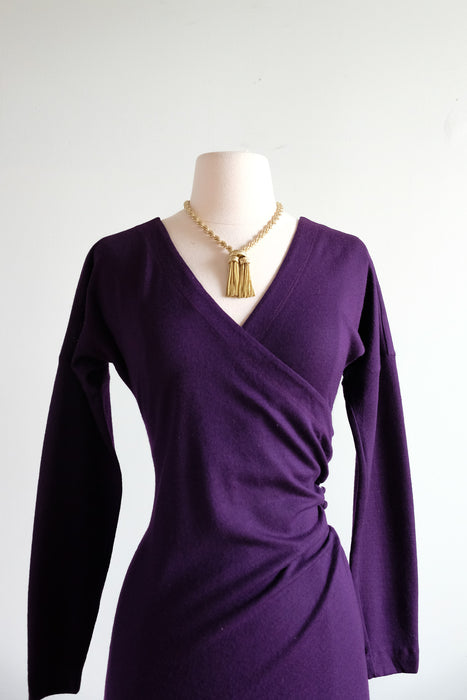 Vintage 1980's Plum Wool Jersey Wrap Style Mini Dress By Betsey Johnson / M