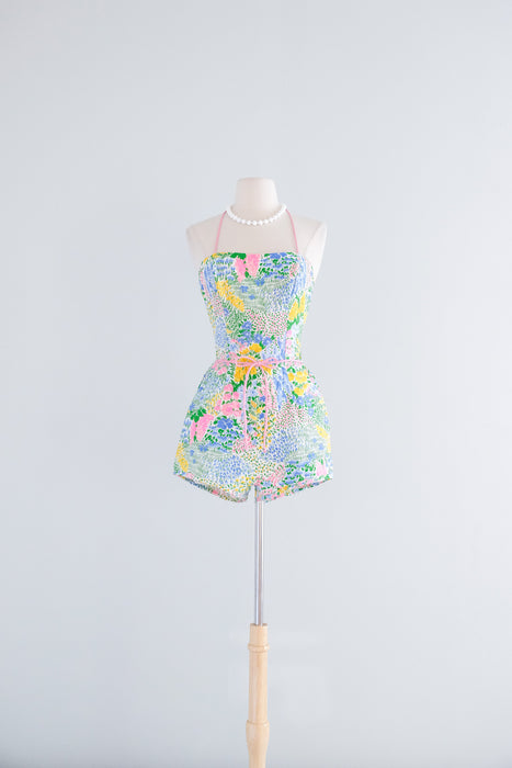 Vintage 1970's Impressionist Flower Garden Cotton Playsuit / S