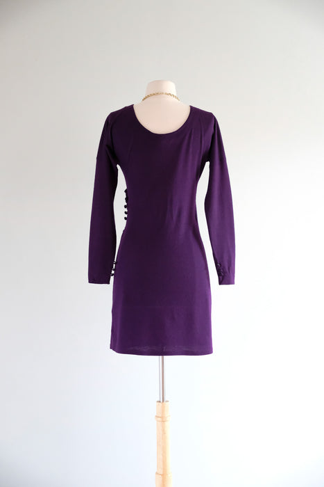 Vintage 1980's Plum Wool Jersey Wrap Style Mini Dress By Betsey Johnson / M