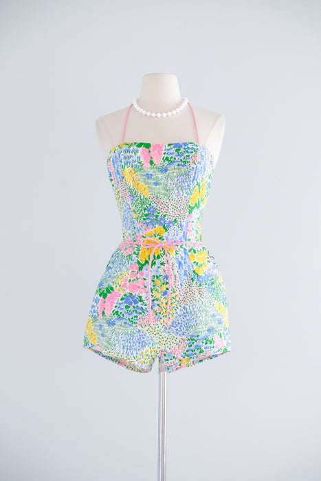 Vintage 1970's Impressionist Flower Garden Cotton Playsuit / S