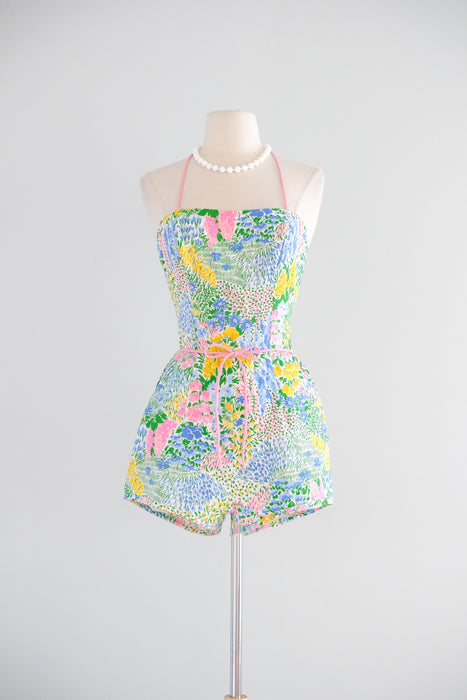 Vintage 1970's Impressionist Flower Garden Cotton Playsuit / S