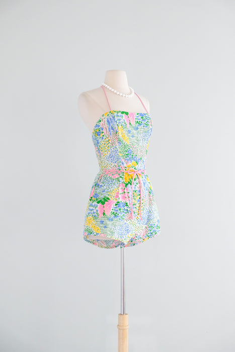 Vintage 1970's Impressionist Flower Garden Cotton Playsuit / S