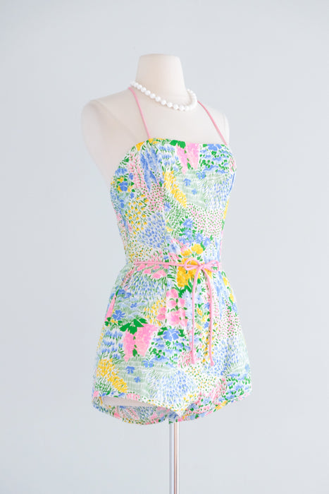 Vintage 1970's Impressionist Flower Garden Cotton Playsuit / S