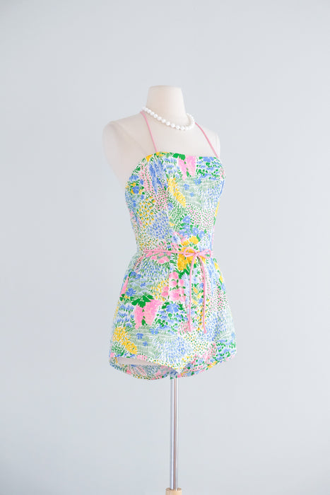 Vintage 1970's Impressionist Flower Garden Cotton Playsuit / S