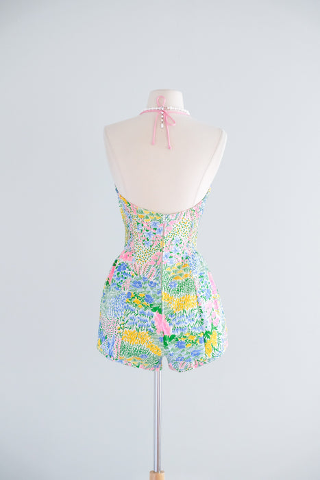 Vintage 1970's Impressionist Flower Garden Cotton Playsuit / S