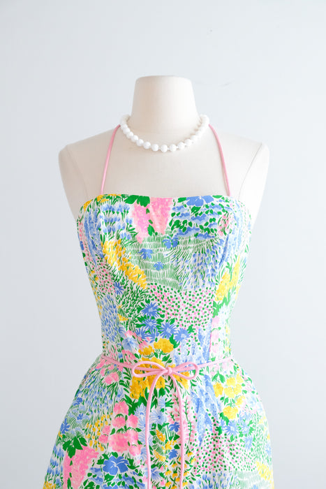 Vintage 1970's Impressionist Flower Garden Cotton Playsuit / S
