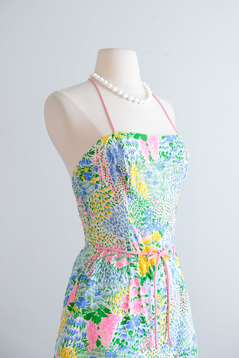 Vintage 1970's Impressionist Flower Garden Cotton Playsuit / S