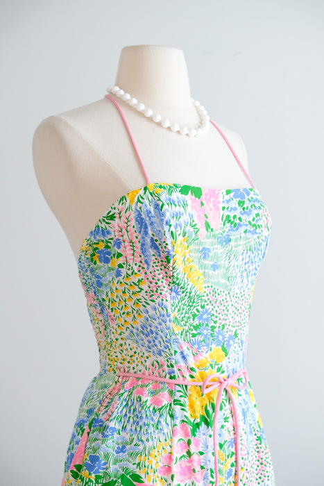 Vintage 1970's Impressionist Flower Garden Cotton Playsuit / S