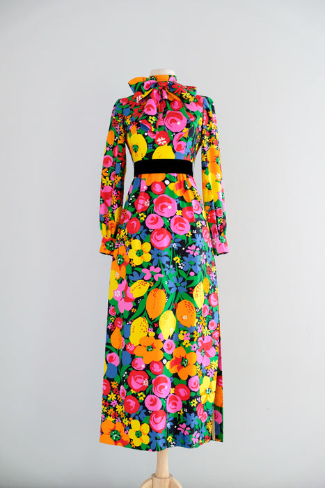 Fabulous Vintage 1960's Citrus Blooms Cotton Gown by Brenner Couture / S