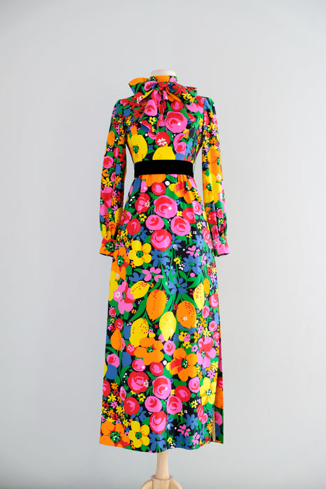 Fabulous Vintage 1960's Citrus Blooms Cotton Gown by Brenner Couture / S
