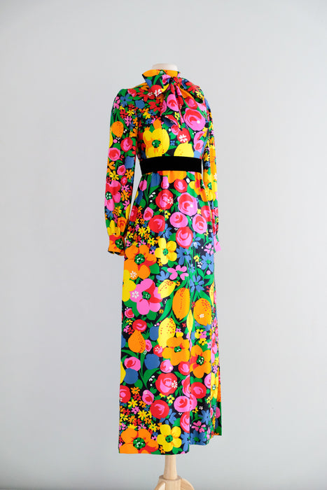 Fabulous Vintage 1960's Citrus Blooms Cotton Gown by Brenner Couture / S