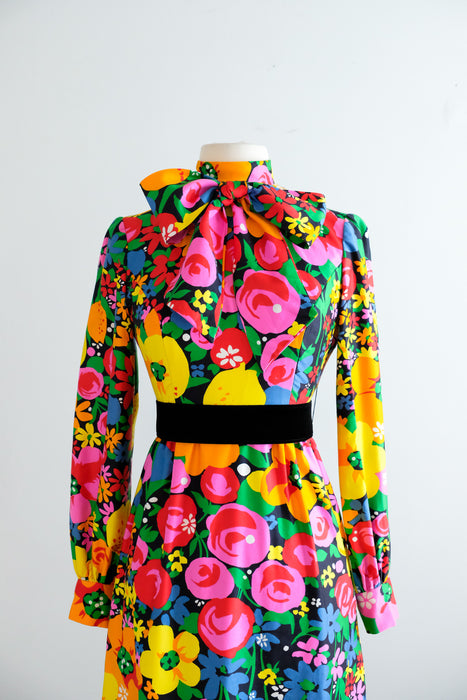 Fabulous Vintage 1960's Citrus Blooms Cotton Gown by Brenner Couture / S