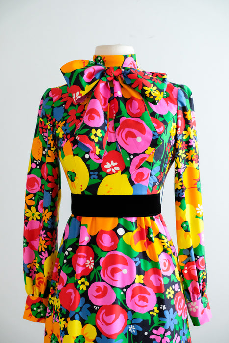 Fabulous Vintage 1960's Citrus Blooms Cotton Gown by Brenner Couture / S