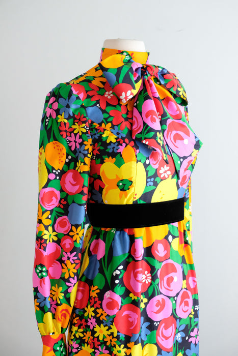 Fabulous Vintage 1960's Citrus Blooms Cotton Gown by Brenner Couture / S