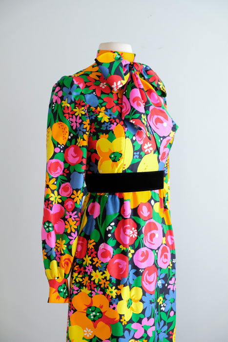 Fabulous Vintage 1960's Citrus Blooms Cotton Gown by Brenner Couture / S