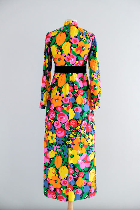 Fabulous Vintage 1960's Citrus Blooms Cotton Gown by Brenner Couture / S
