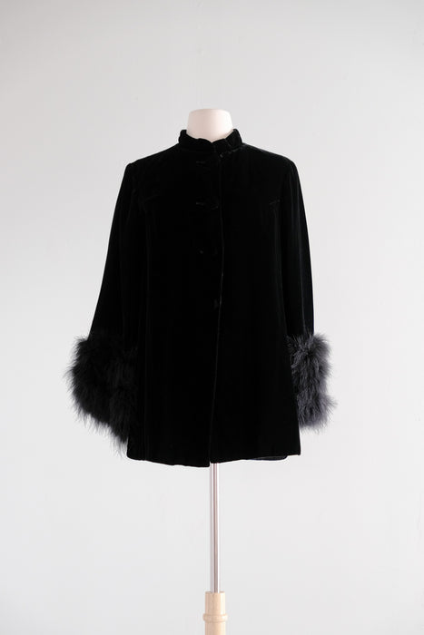 Vintage 1960's I.Magnin Black Velvet Evening Jacket with Ostrich Feather Cuffs / M