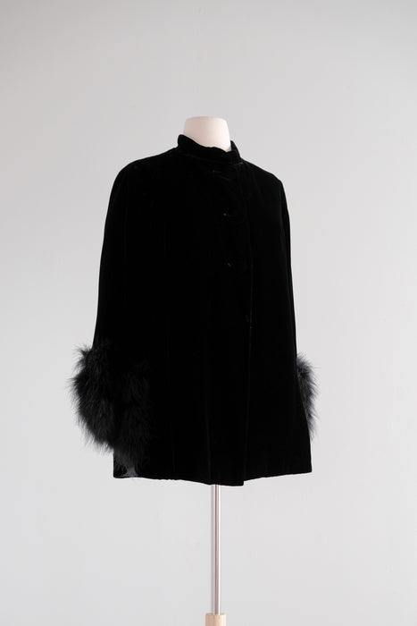 Vintage 1960's I.Magnin Black Velvet Evening Jacket with Ostrich Feather Cuffs / M