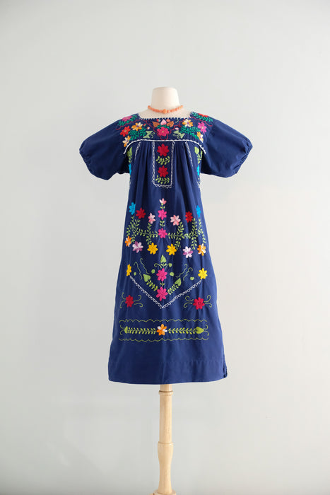 Vintage 1970's Colorful Navy Mexican Huipil Style Dress / ML