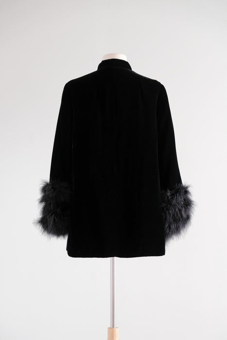 Vintage 1960's I.Magnin Black Velvet Evening Jacket with Ostrich Feather Cuffs / M