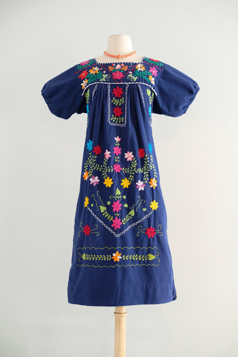 Vintage 1970's Colorful Navy Mexican Huipil Style Dress / ML
