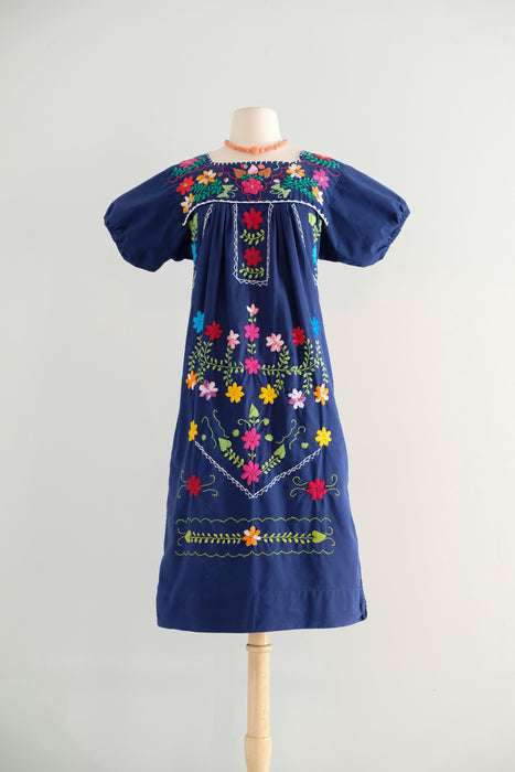 Vintage 1970's Colorful Navy Mexican Huipil Style Dress / ML