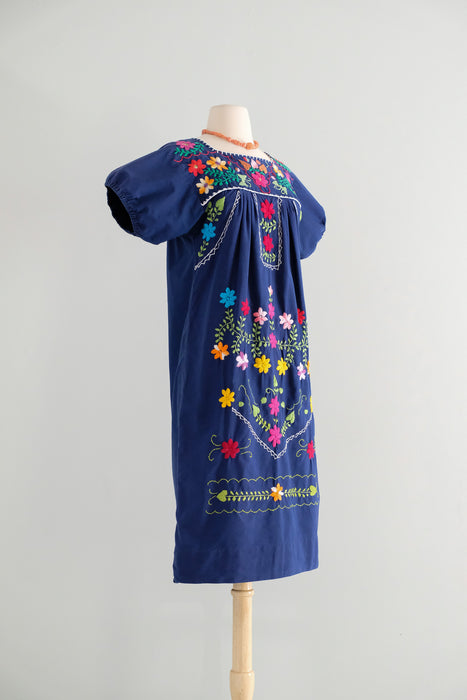 Vintage 1970's Colorful Navy Mexican Huipil Style Dress / ML