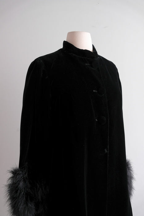 Vintage 1960's I.Magnin Black Velvet Evening Jacket with Ostrich Feather Cuffs / M