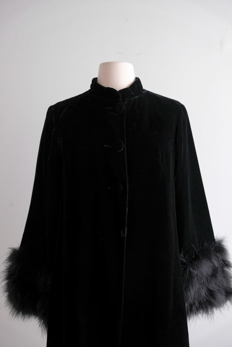 Vintage 1960's I.Magnin Black Velvet Evening Jacket with Ostrich Feather Cuffs / M