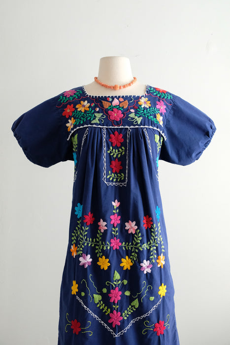 Vintage 1970's Colorful Navy Mexican Huipil Style Dress / ML
