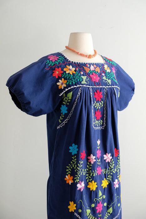 Vintage 1970's Colorful Navy Mexican Huipil Style Dress / ML