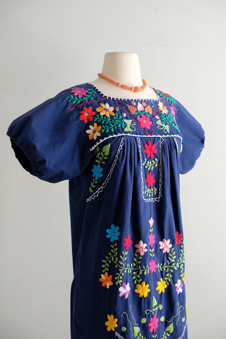 Vintage 1970's Colorful Navy Mexican Huipil Style Dress / ML