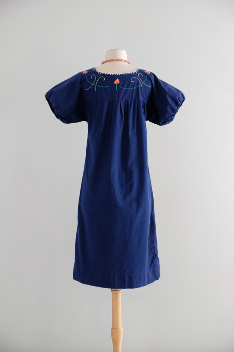 Vintage 1970's Colorful Navy Mexican Huipil Style Dress / ML