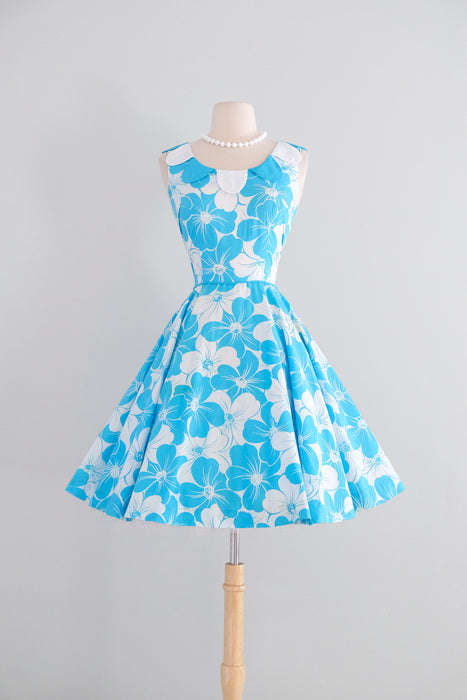 Vintage 1960's Aqua Blue Floral Cotton Dress with Petal Collar / S