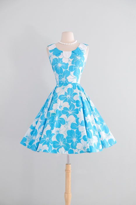 Vintage 1960's Aqua Blue Floral Cotton Dress with Petal Collar / S