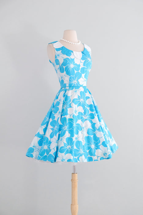 Vintage 1960's Aqua Blue Floral Cotton Dress with Petal Collar / S