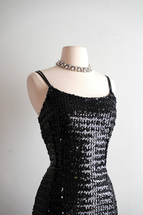 Showstopping 1950's Black Sequin Cocktail Dress / M