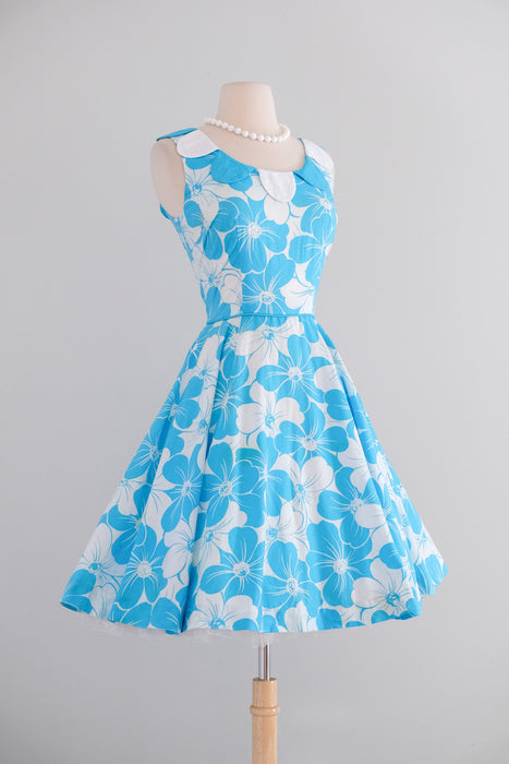 Vintage 1960's Aqua Blue Floral Cotton Dress with Petal Collar / S