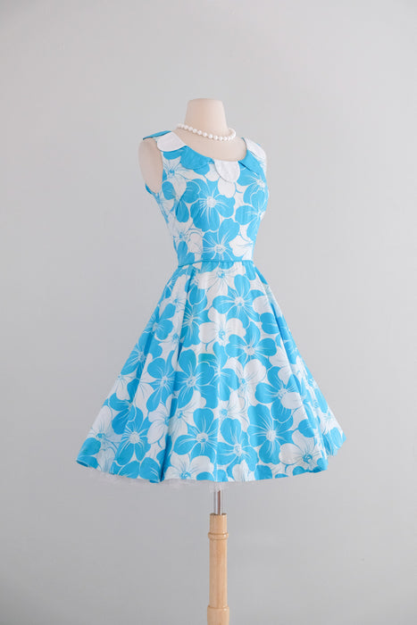 Vintage 1960's Aqua Blue Floral Cotton Dress with Petal Collar / S
