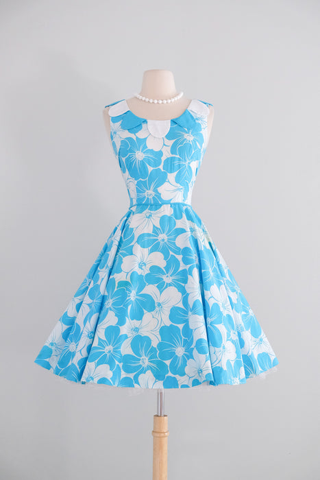 Vintage 1960's Aqua Blue Floral Cotton Dress with Petal Collar / S
