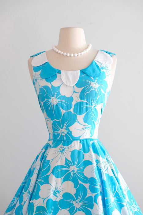 Vintage 1960's Aqua Blue Floral Cotton Dress with Petal Collar / S
