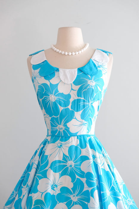 Vintage 1960's Aqua Blue Floral Cotton Dress with Petal Collar / S